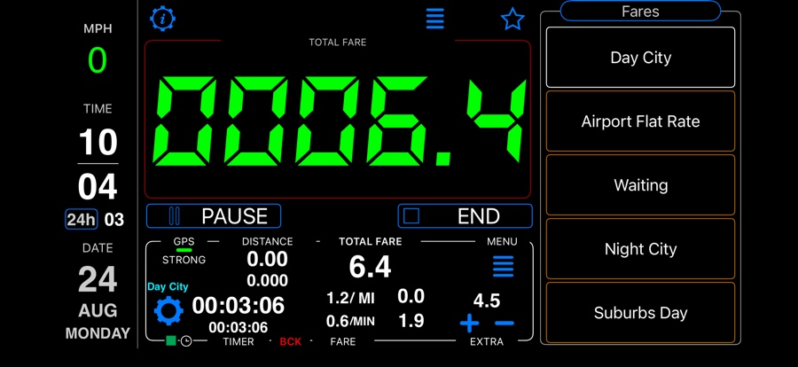 Taximeter main screen in landscape: the total fare in the centre and the fares switch on the right