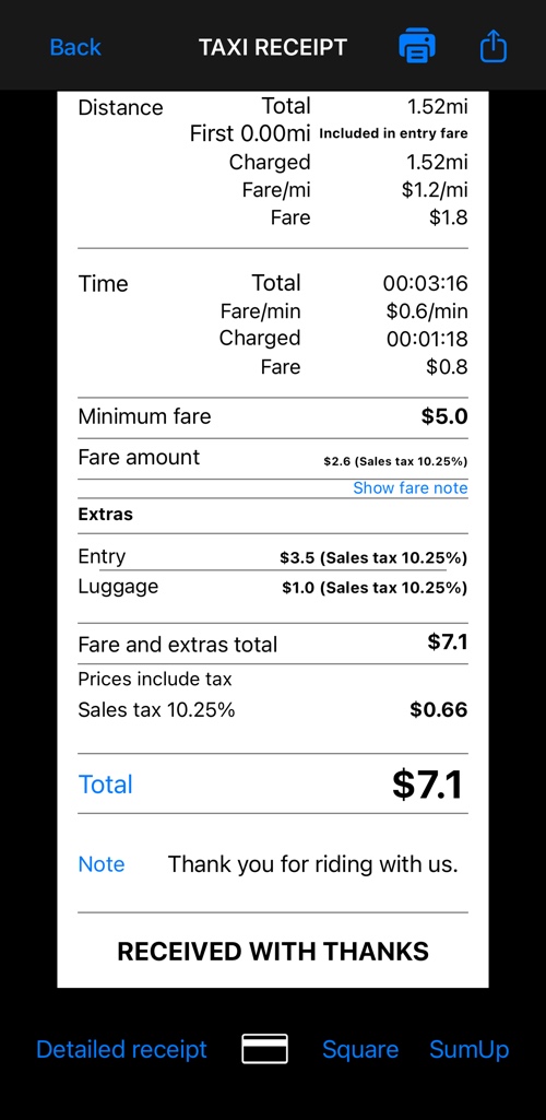 The middle of the detailed receipt: distance charge, time charge, the fare total, and the extras list