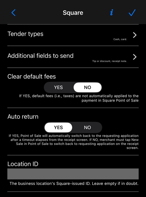 The Square settings screen