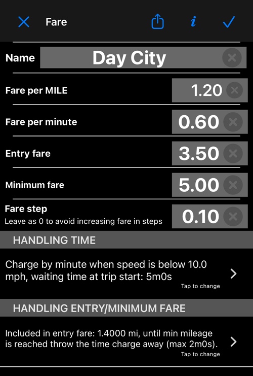 The fare editor with name, rates, entry and minimum fare, fare step, and the two handling rows