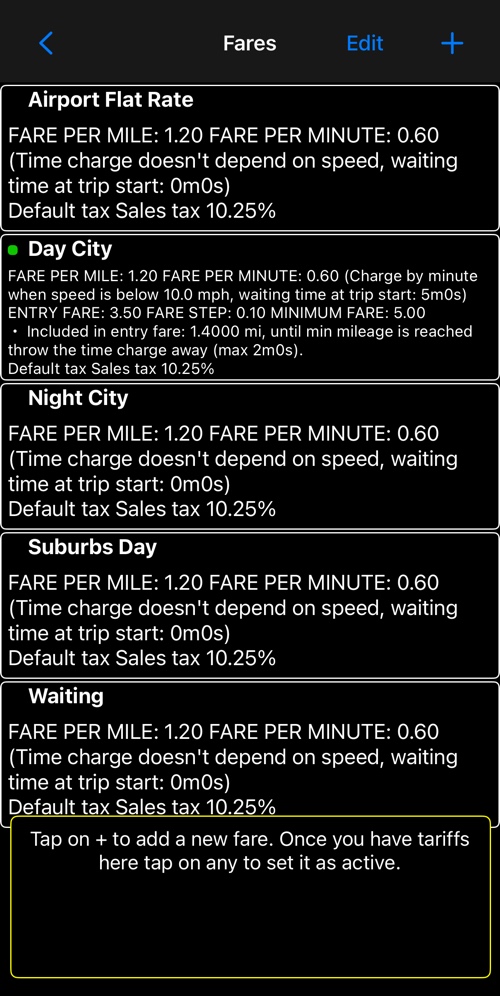 The fares list, each row summarising a whole fare, with the active one marked