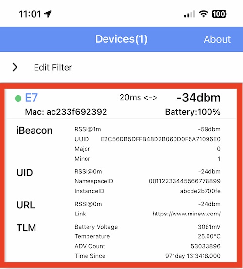 Fila de configuración de iBeacon