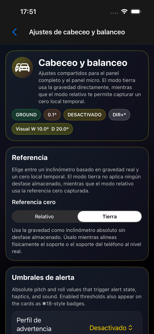 Pantalla de ajustes de Cabeceo y balanceo