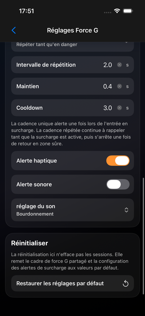 Écran de paramètres Force G