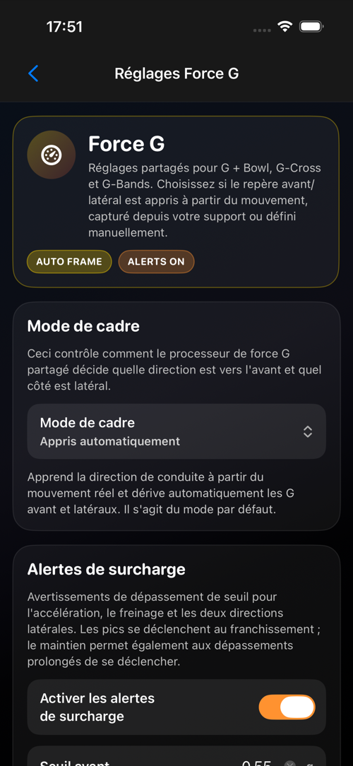 Écran de paramètres Force G