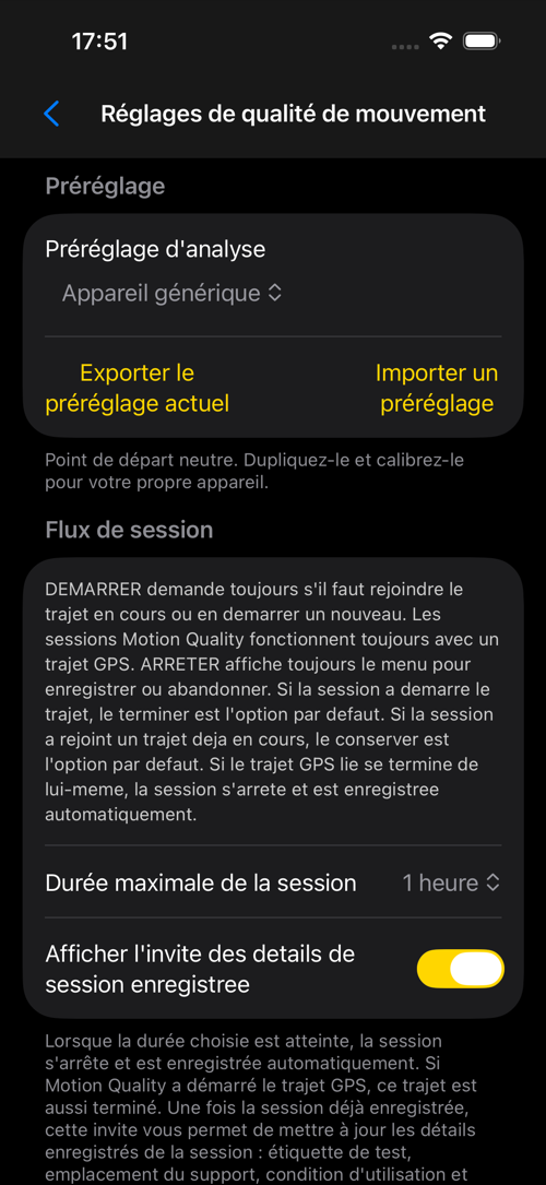 Écran des réglages de Qualité de mouvement