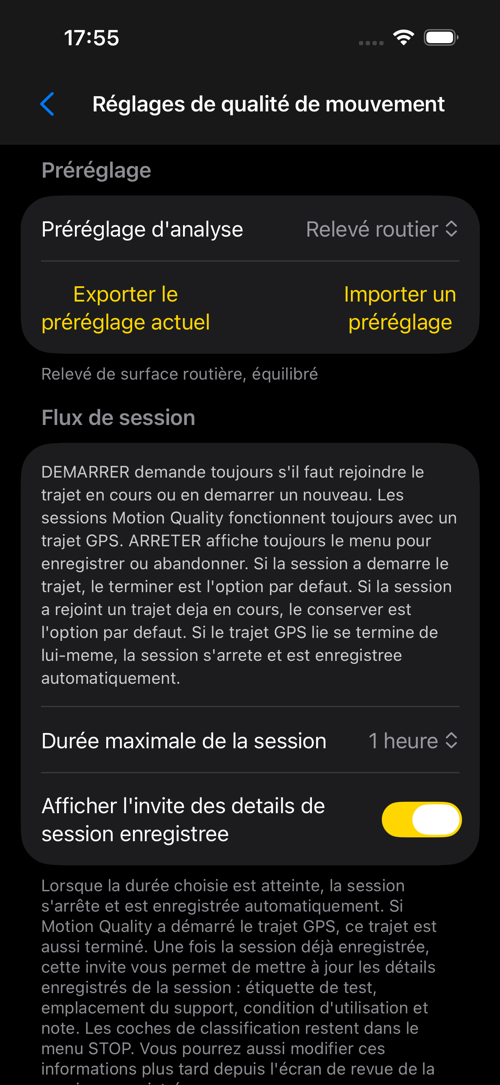 Écran des réglages Relevé routier