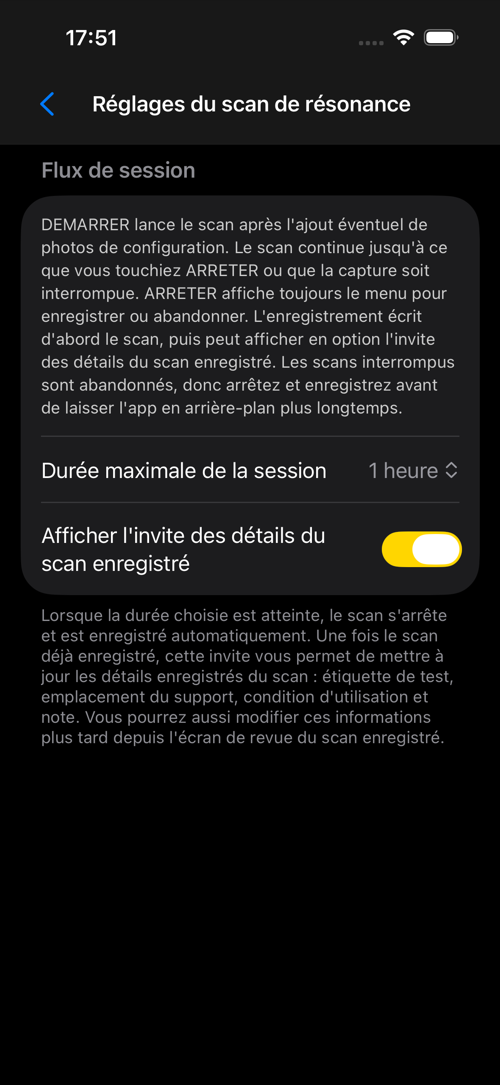 Écran des réglages Scan de résonance