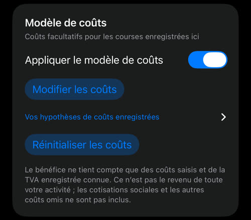 La carte Modèle de coûts avec les coûts enregistrés : Appliquer le modèle de coûts activé, Modifier les coûts, Vos hypothèses de coûts enregistrées et Réinitialiser les coûts