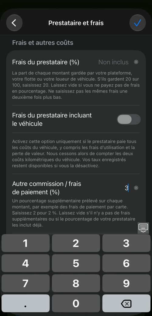 Prestataire et frais : frais du prestataire, Frais du prestataire incluant le véhicule, autre commission / frais de paiement à 3 %