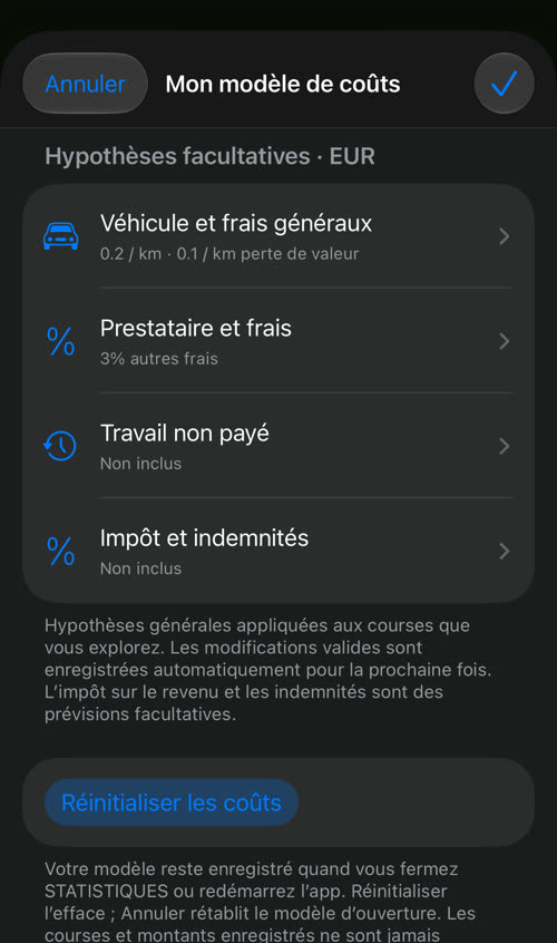 Mon modèle de coûts après l&rsquo;enregistrement : 0.2 / km de frais d&rsquo;utilisation et 0.1 / km de perte de valeur, 3% autres frais