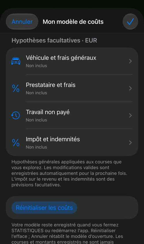 Mon modèle de coûts, hypothèses facultatives en EUR : Véhicule et frais généraux, Prestataire et frais, Travail non payé et Impôt et indemnités, tous Non inclus