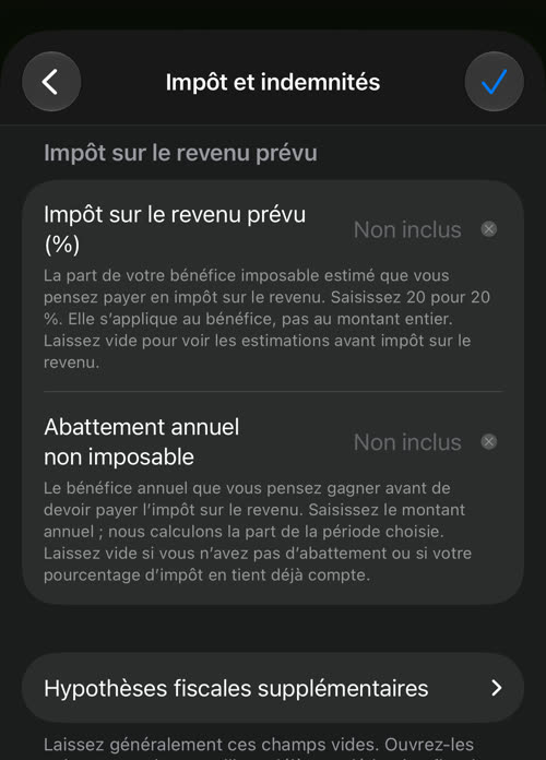 Impôt et indemnités : impôt sur le revenu prévu, abattement annuel non imposable et le bouton Hypothèses fiscales supplémentaires