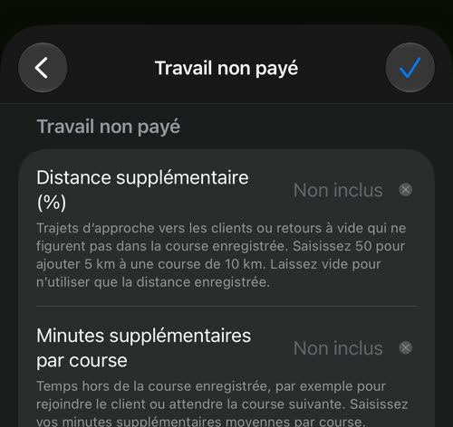 Travail non payé : distance supplémentaire en pourcentage et minutes supplémentaires par course