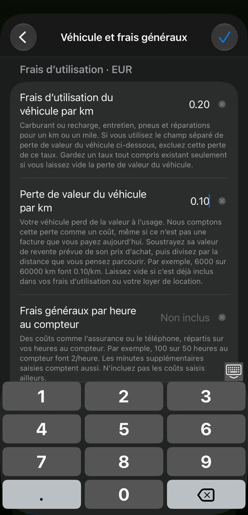 Saisie de 0.20 dans les frais d&rsquo;utilisation du véhicule et de 0.10 dans la perte de valeur du véhicule sur le clavier de l&rsquo;application