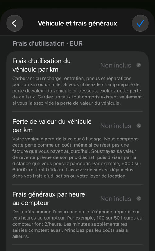 Véhicule et frais généraux : frais d&rsquo;utilisation du véhicule par km, perte de valeur du véhicule par km et frais généraux par heure au compteur, tous Non inclus