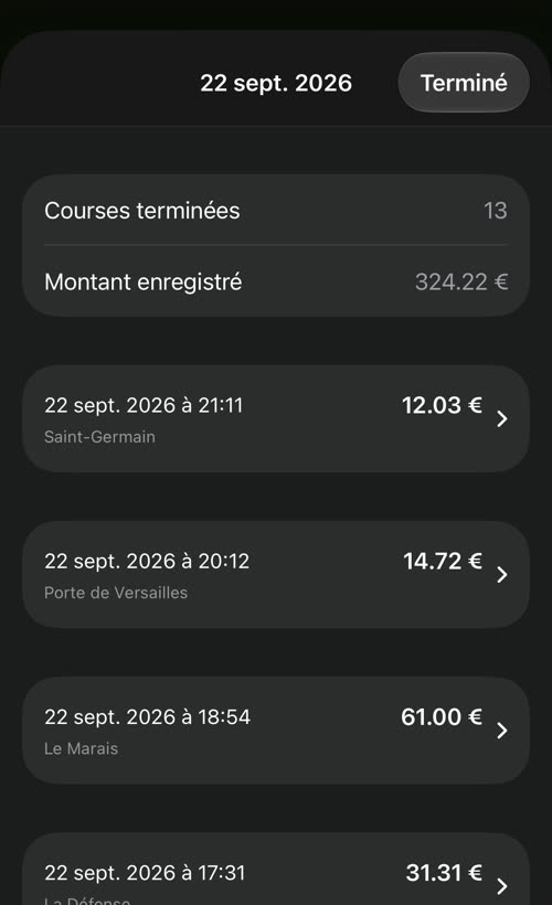 Les courses du 22 sept. 2026 : 13 courses terminées, 324.22 €, chacune avec son heure, son montant et sa zone de départ — Saint-Germain, Porte de Versailles, Le Marais, La Défense