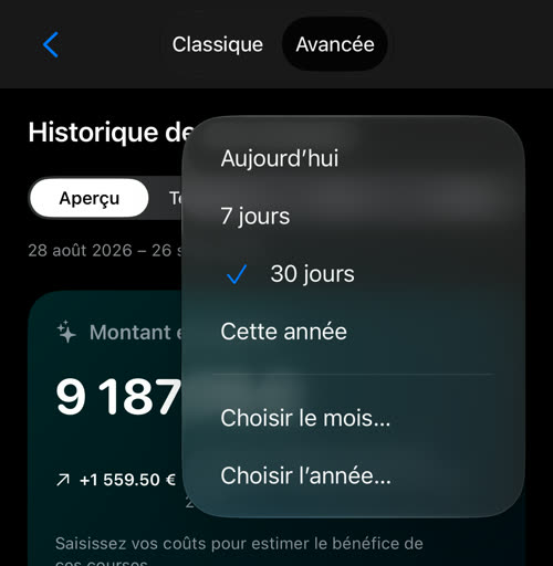 Le menu des périodes : Aujourd’hui, 7 jours, 30 jours, Cette année, Choisir le mois… et Choisir l’année…