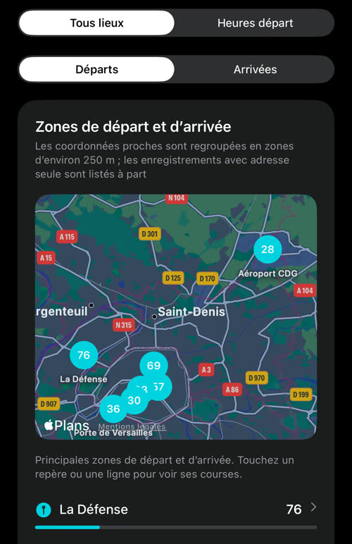 Zones de départ et d&rsquo;arrivée : des repères numérotés sur une carte de Paris et de sa banlieue, La Défense en tête avec 76 départs, l&rsquo;aéroport CDG à 28