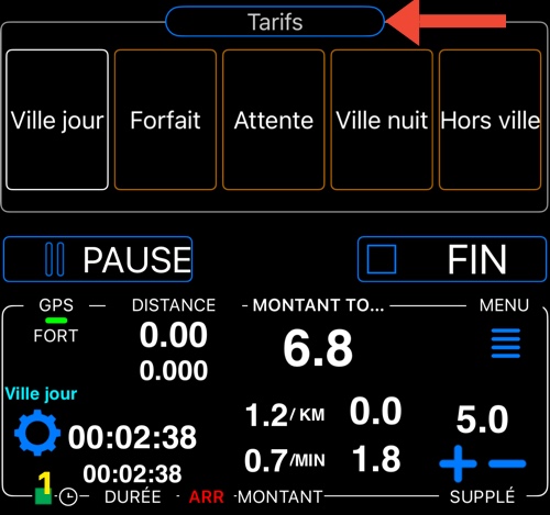 Une flèche rouge désigne le bouton Tarifs au-dessus du panneau de sélection des tarifs