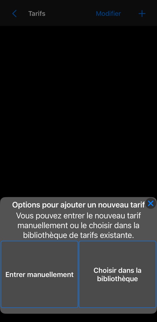Options pour ajouter un nouveau tarif : entrer manuellement ou choisir dans la bibliothèque