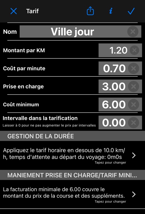 Écran de modification du tarif avec le nom, le montant par KM, le coût par minute, la prise en charge, le coût minimum et l&rsquo;intervalle de tarification