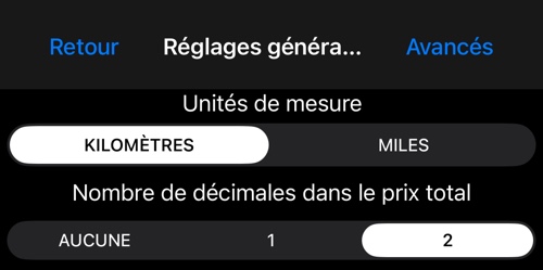 Écran Réglages généraux avec le choix entre kilomètres et miles et le nombre de décimales