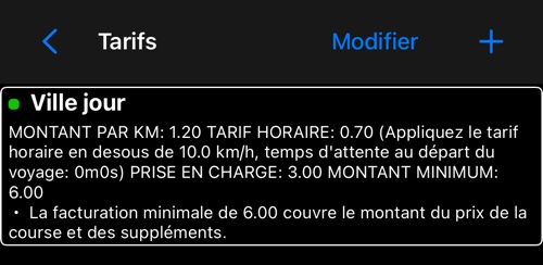 Liste des tarifs avec un tarif marqué comme actif par un point vert