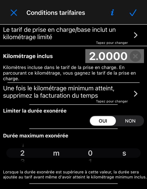 L&rsquo;écran Conditions tarifaires : ce que comprend le tarif, le kilométrage inclus et les règles de durée