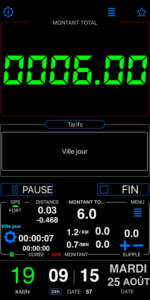 Le tableau de bord au début de la course, le kilométrage facturé négatif