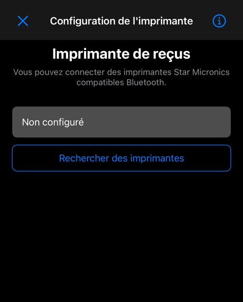 L&rsquo;écran de configuration de l&rsquo;imprimante sous iOS : état, modèles pris en charge et un bouton pour rechercher