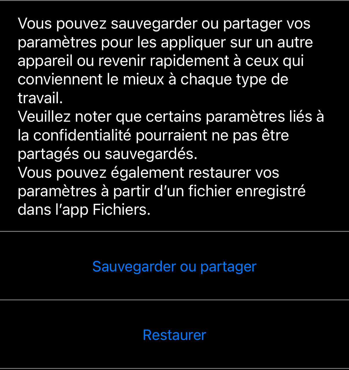 Gérer les paramètres de l&rsquo;application : l&rsquo;explication, avec « Sauvegarder ou partager » et « Restaurer » en dessous