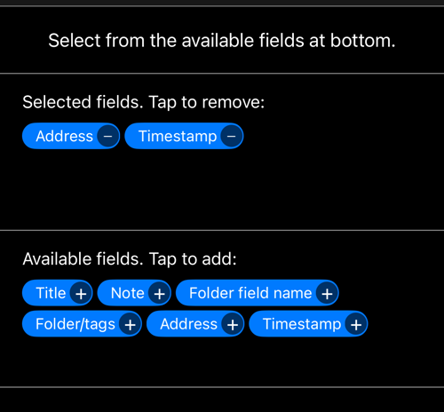 Line editor: चुने हुए fields Address और Timestamp, नीचे छह उपलब्ध