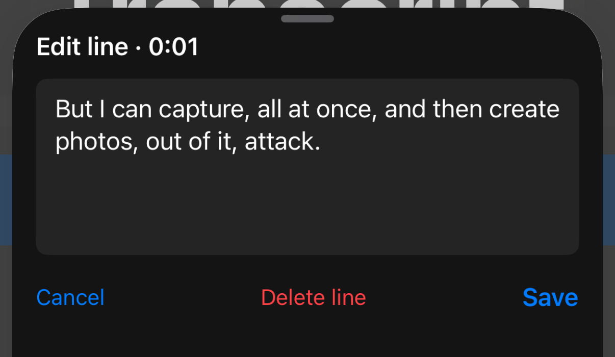 Line editor with the corrected text and Cancel, Delete line, and Save actions