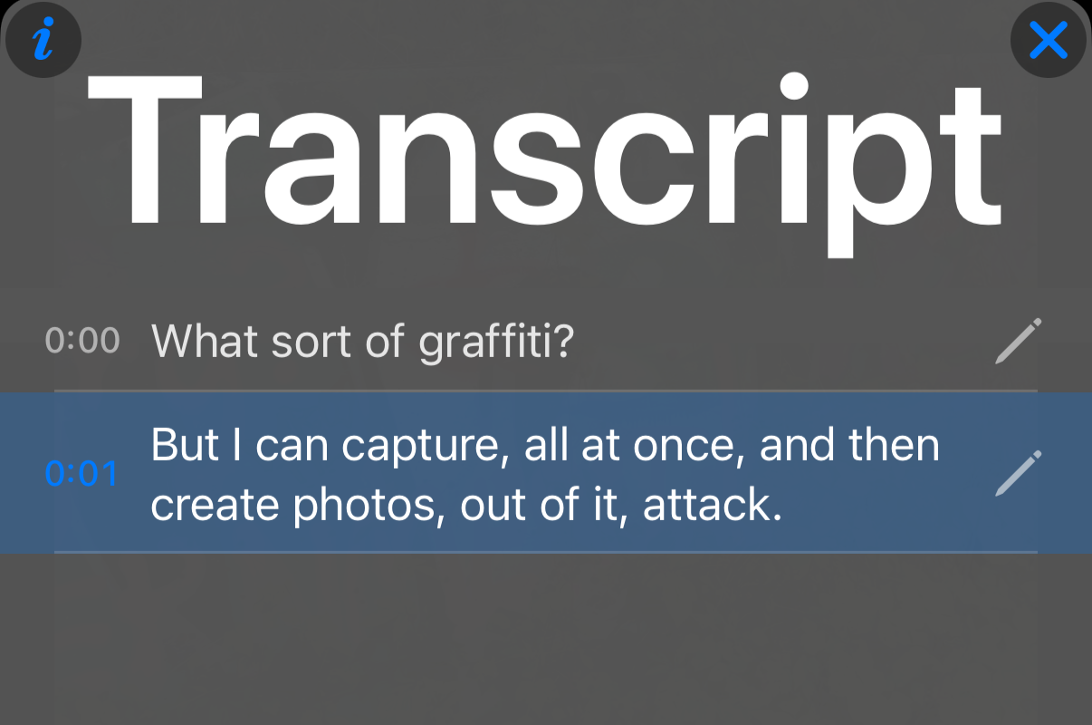 Freshly recognized transcript where the first line reads What sort of graffiti and the last words read attack