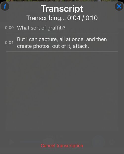Transcription in progress: recognized lines appearing in the panel, the progress shown against the video duration, and a Cancel transcription action