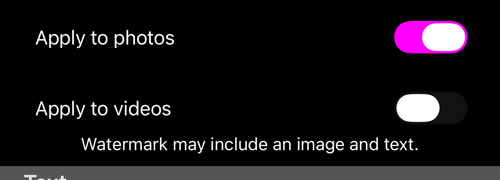 दो स्विच: «Apply to photos» चालू, «Apply to videos» बंद