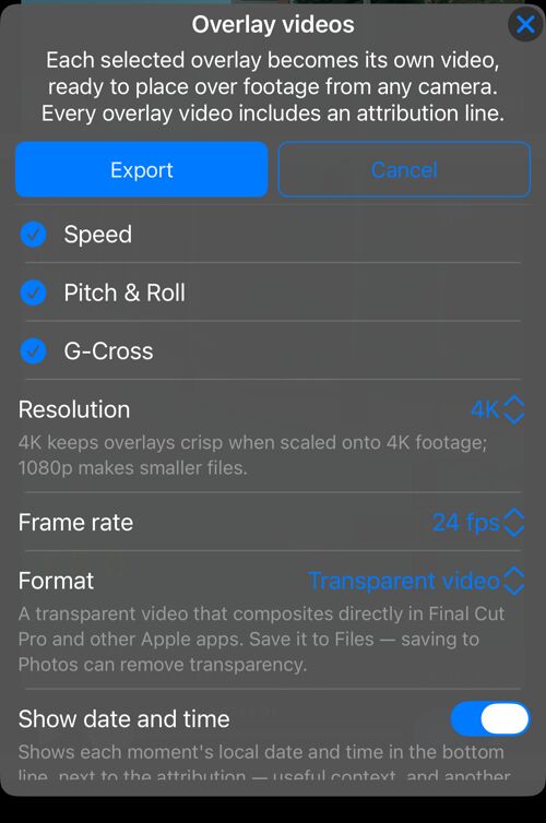 Overlay videos के विकल्प: Speed, Map, Pitch & Roll, G-Cross और QR-code — सभी चुने हुए, और Resolution की पंक्ति
