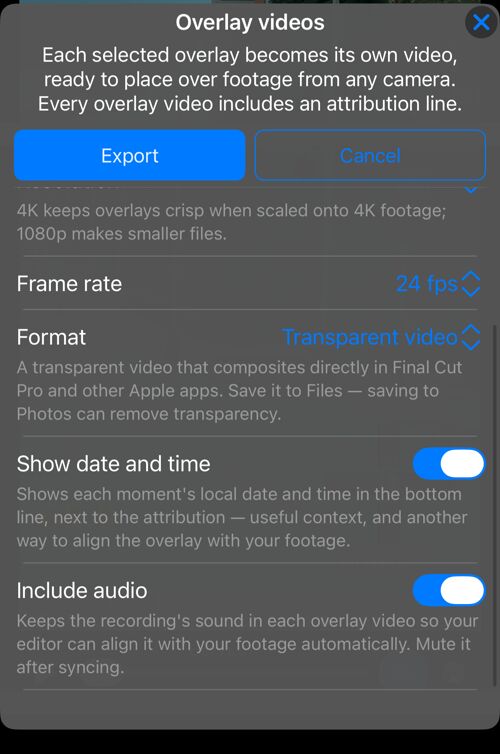 बाकी विकल्प: Frame rate, मदद-टेक्स्ट के साथ Format, Show date and time और Include audio