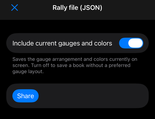 गेज विकल्प और Share बटन वाला JSON निर्यात फ़ॉर्म