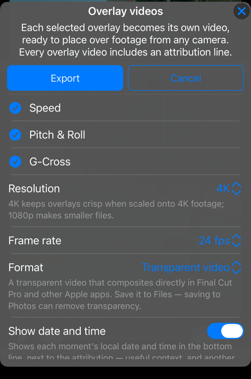 Overlay videos के विकल्प: Speed, Map, Pitch & Roll, G-Cross और QR-code — सभी चुने हुए, और Resolution की पंक्ति