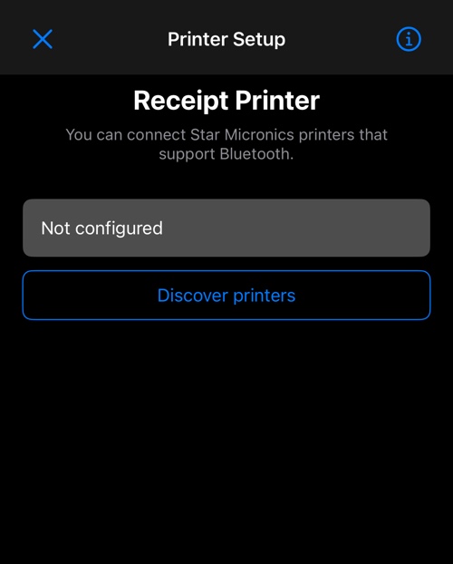 iOS का प्रिंटर सेटअप स्क्रीन: प्रिंटर स्थिति, समर्थित मॉडल और प्रिंटर खोजने का बटन