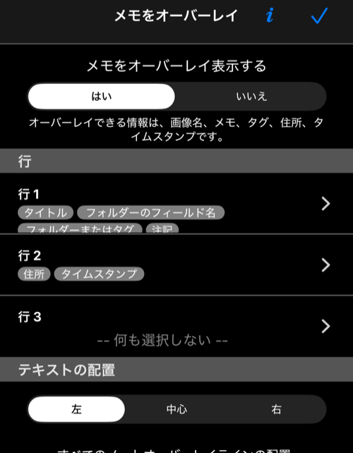 2行目にタイムスタンプを選択した現在のメモオーバーレイ設定