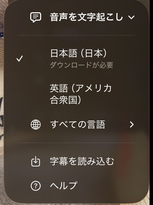 自分の言語を先頭に、すべての言語・字幕を読み込む・ヘルプが続く文字起こし言語リスト