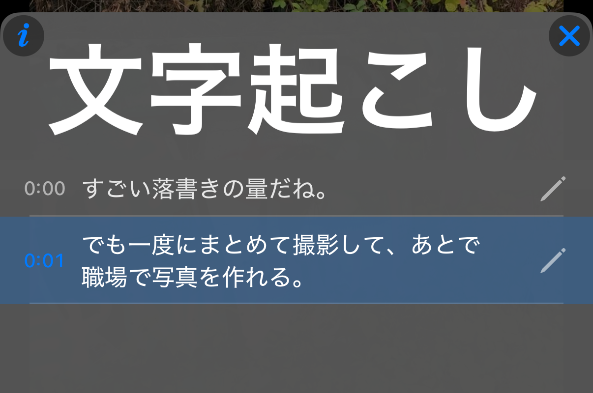 フレーズごとに時刻付きの行が並び、現在の行がハイライトされた文字起こしパネル
