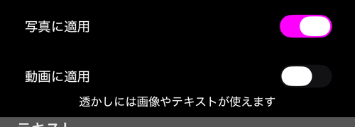 ふたつのスイッチ：「写真に適用」がオン、「動画に適用」がオフ