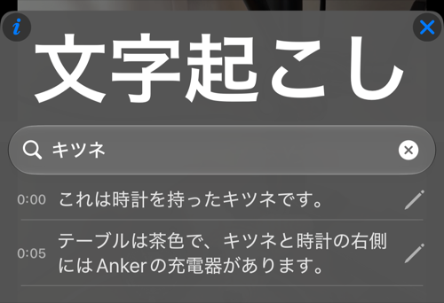キツネを検索すると、一致する2行が元の時刻と編集用の鉛筆ボタンとともに表示されます