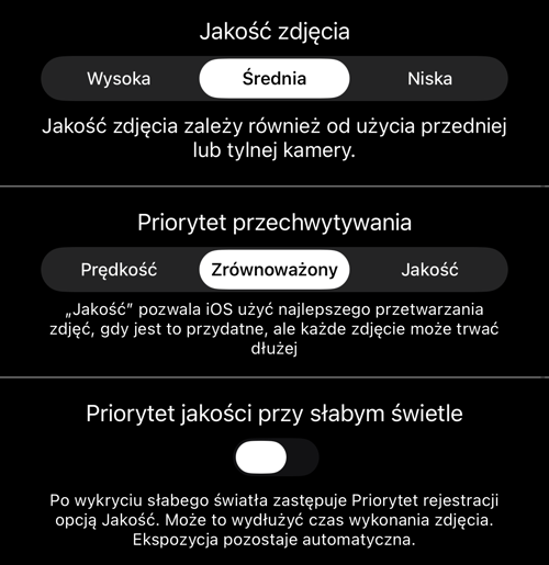 Jakość zdjęcia, priorytet fotografowania i przełącznik dla słabego światła