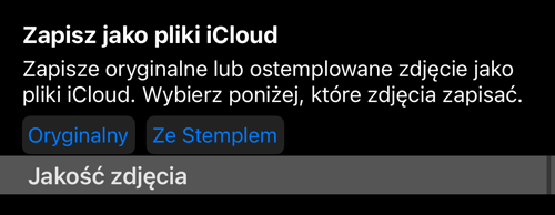 Wiersz „Zapisz w iCloud Files” z własnym wyborem między Oryginałem a wersją ostemplowaną