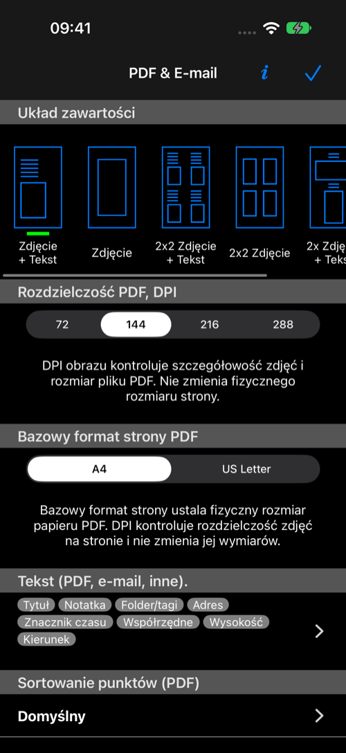 Ustawienia PDF i e-mail z układami, DPI, formatem papieru, polami tekstowymi i kolejnością punktów
